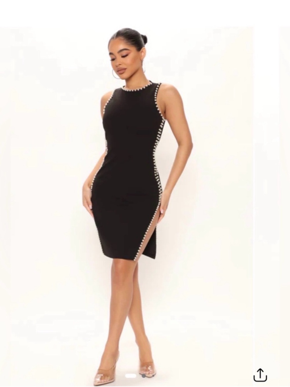 Fashion Nova Black Pearl-Trim Midi Bodycon Dress